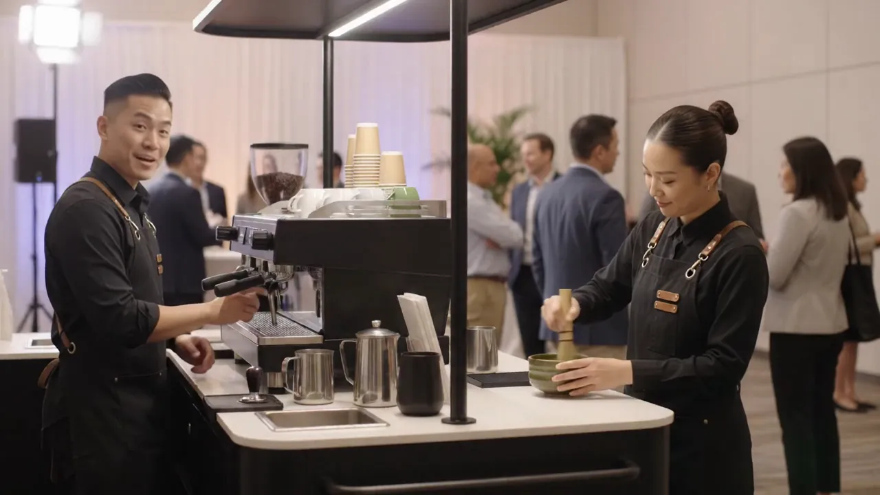Two baristas in black aprons serve guests from the espresso cart at a corporate event