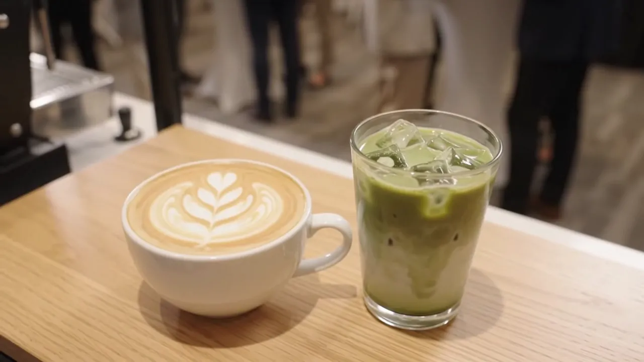 A latte with a rosetta and an iced matcha latte on the wooden bar top