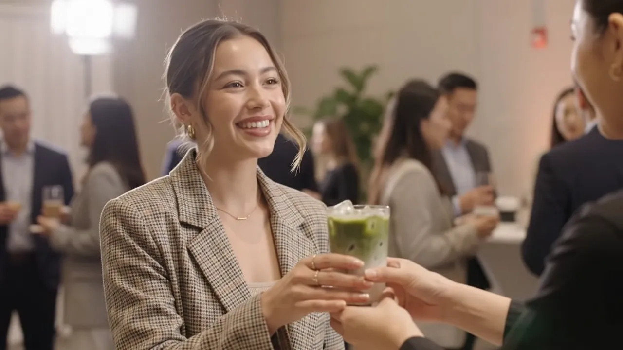 A smiling guest receives an iced matcha latte at a networking event