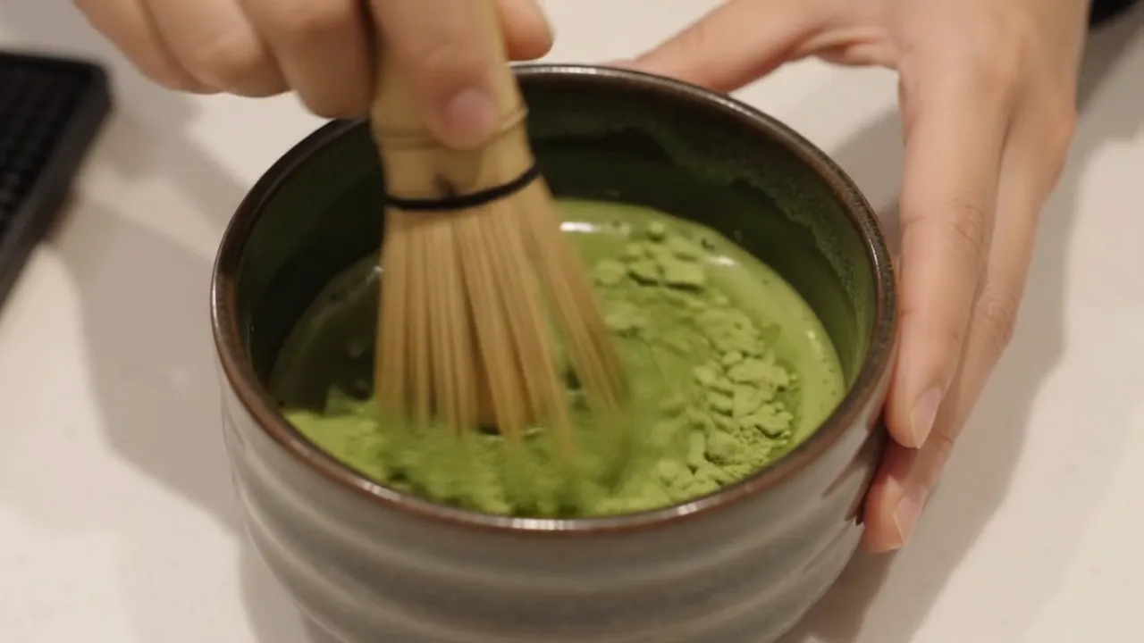 A bamboo whisk working bright green matcha in a ceramic bowl