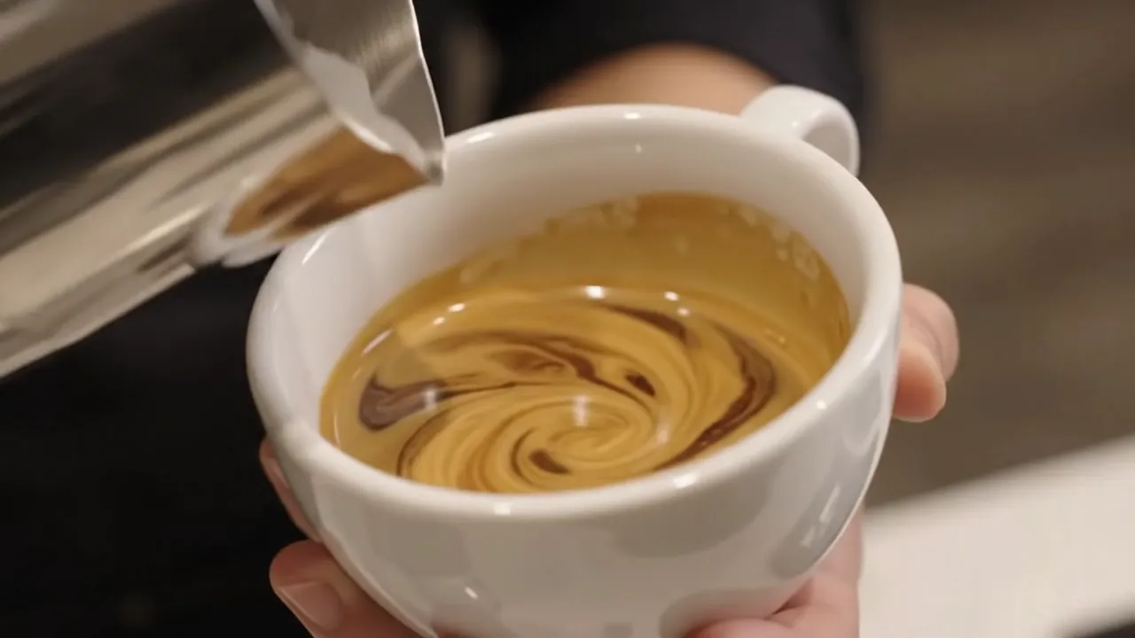 Steamed milk poured into a white cup, forming a swirl of latte art