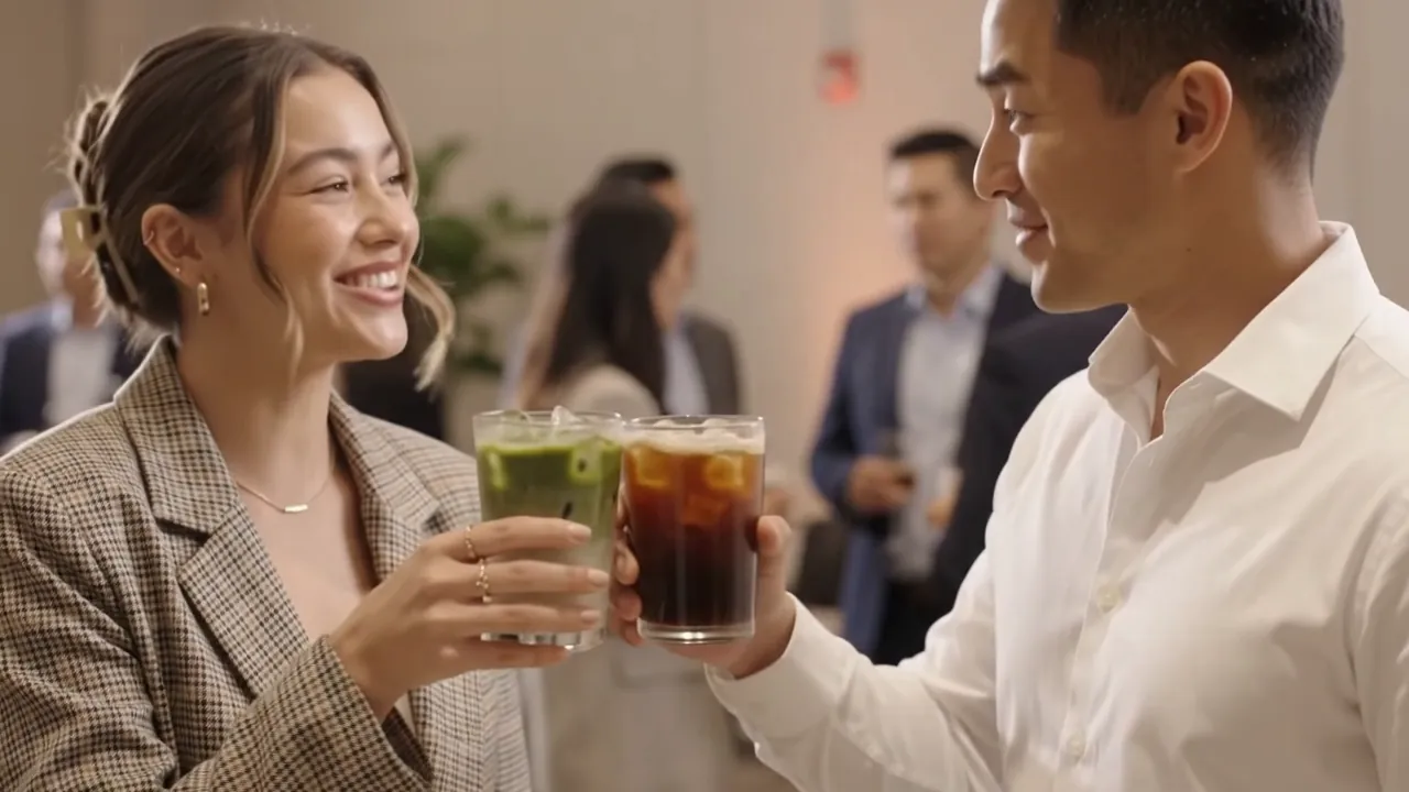 Two guests toast with an iced matcha and a cold brew