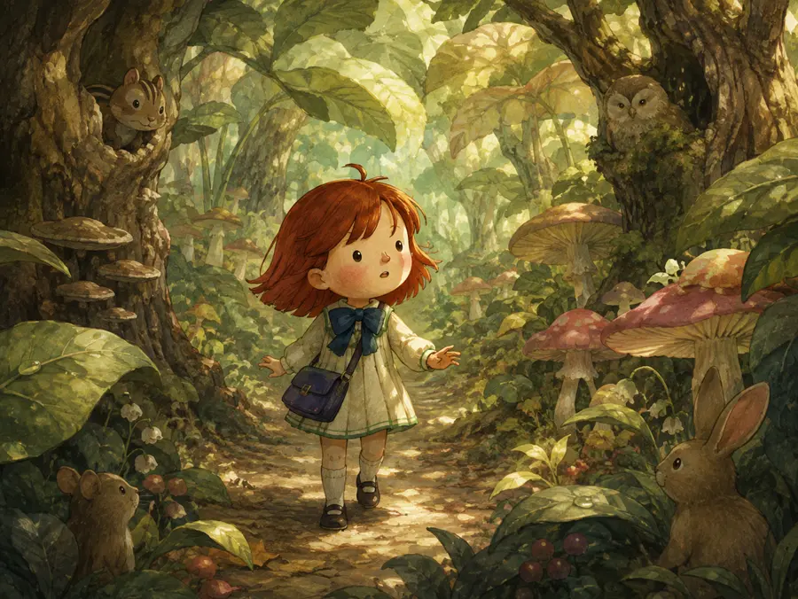 Ilustración de una niña descubriendo un bosque lleno de hongos y animales