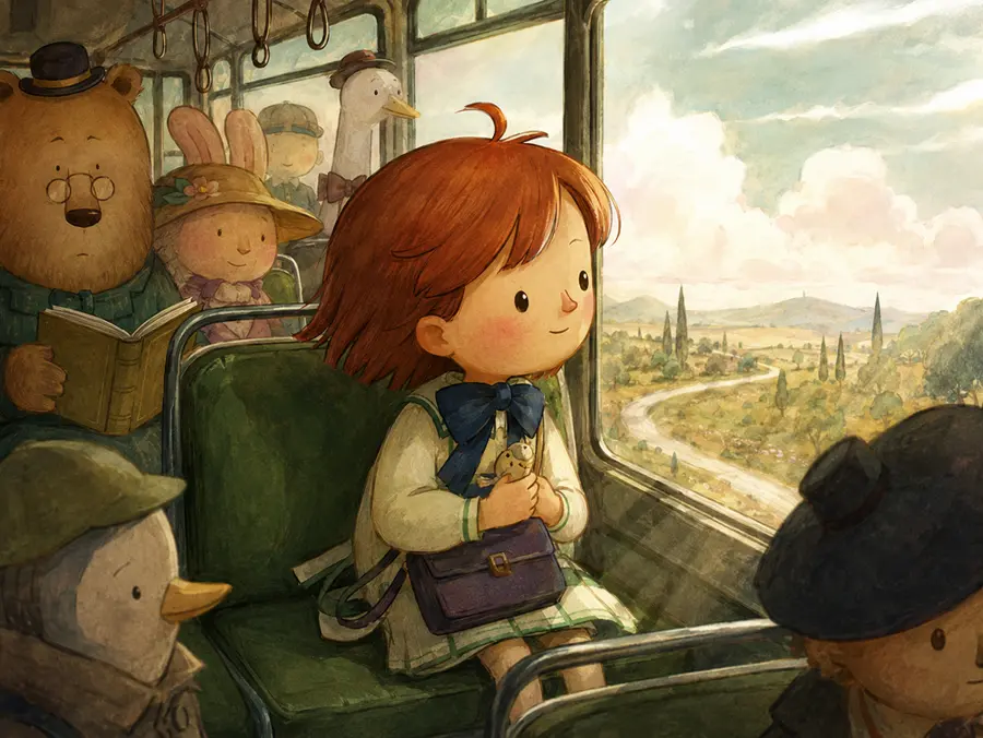 Ilustración de una niña en un autobús junto a animales amables