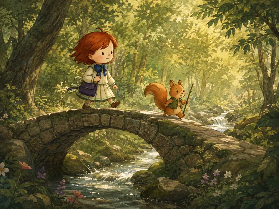 Ilustración de una niña cruzando un puente de piedra con una ardilla