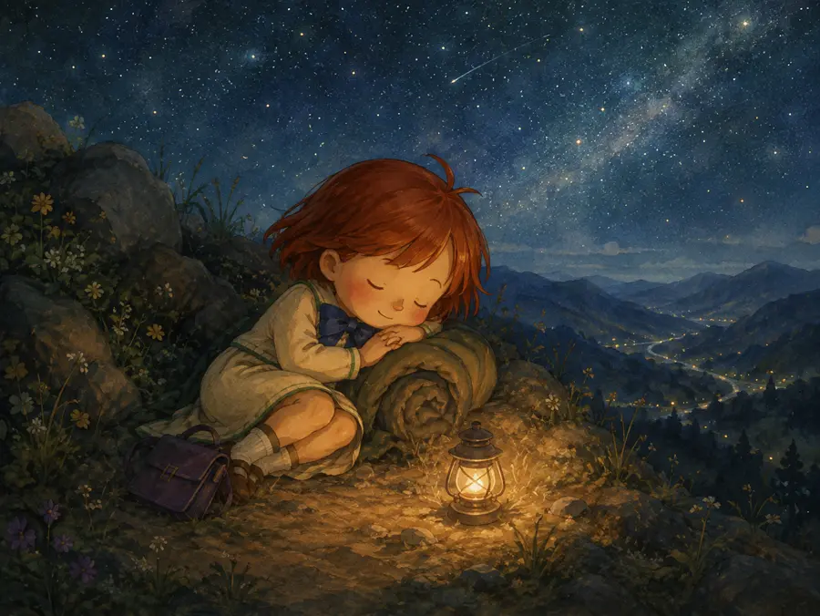 Ilustración de una niña durmiendo tranquila bajo un cielo estrellado