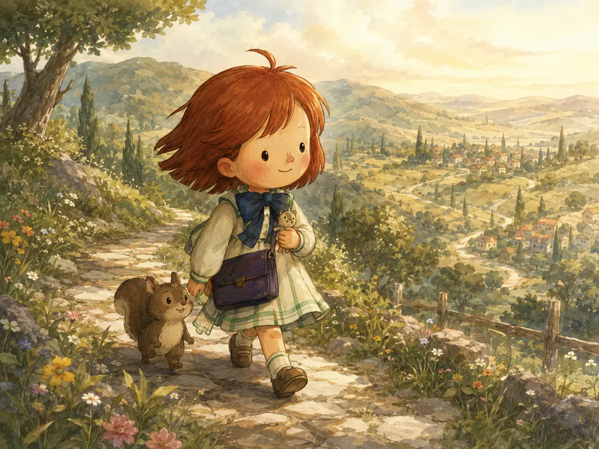 Ilustración de una niña pelirroja caminando feliz por un sendero soleado junto a una ardilla