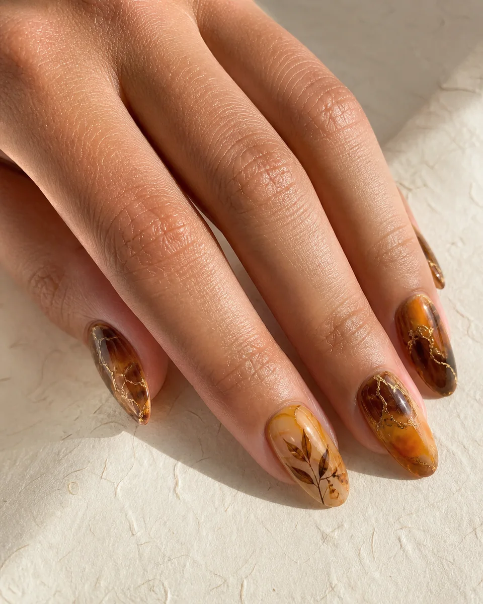 Uñas almendra con capas de ámbar, veta dorada y un acento botánico