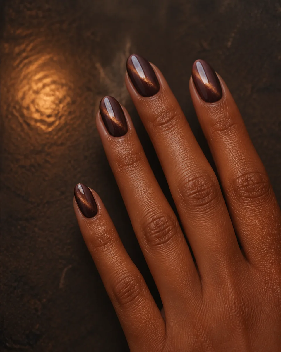 Cuatro uñas almendra en cacao oscuro con destello magnético color bronce
