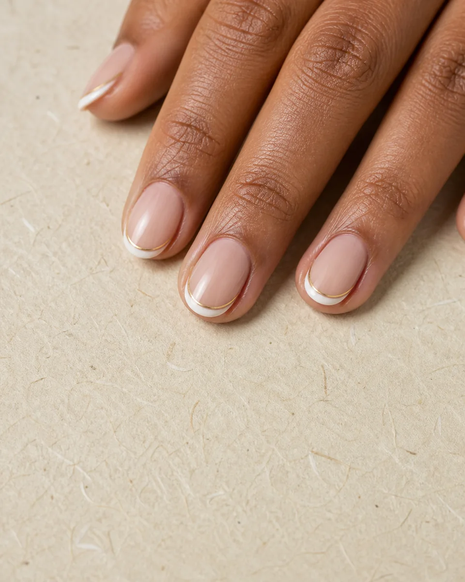 Manicure French moderno en piel morena, con punta blanca fina y línea dorada