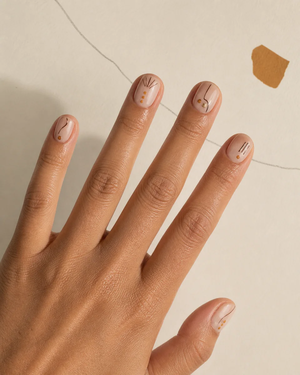 Manicure corto con líneas finas color espresso y pequeños puntos ámbar