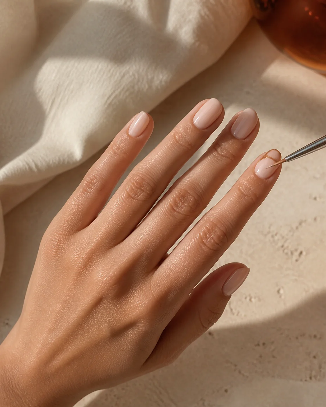 Mano adulta con manicure rosa translúcido mientras recibe un detalle fino en ámbar.