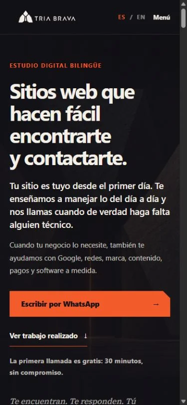 Página de inicio de TRIA BRAVA en una pantalla de celular, en español.